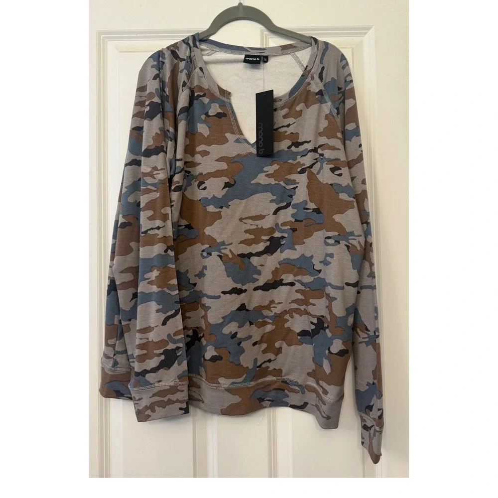 Mono B Camo Print Long Sleeve Top V-Neck Casual Stylish‎ Pullover plus size 1X